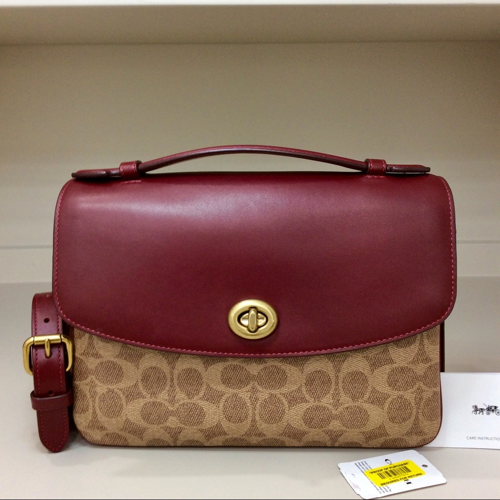 ✨Authentic Coach Cassie Top Handle In Signature Canvas Tan Deep Red Discontinued